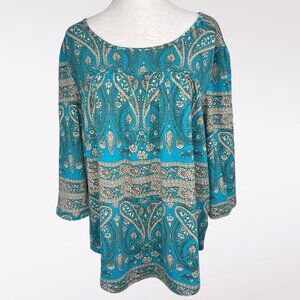 Vinmatto Teal Paisley Print Tunic Top 3/4 Sleeve Large